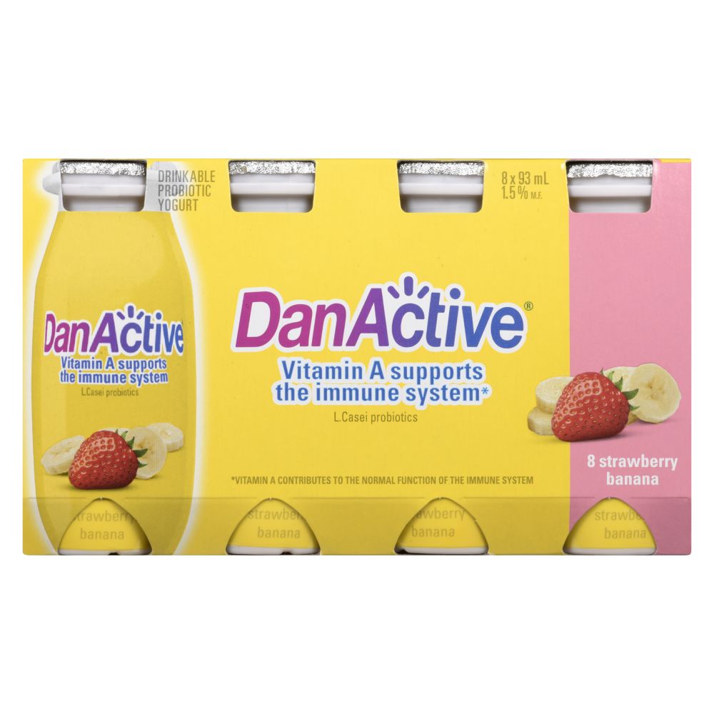 Danactive Strawberry Banana Drinkable Probiotic Yogurt 1.5% M.F. 8x93ml