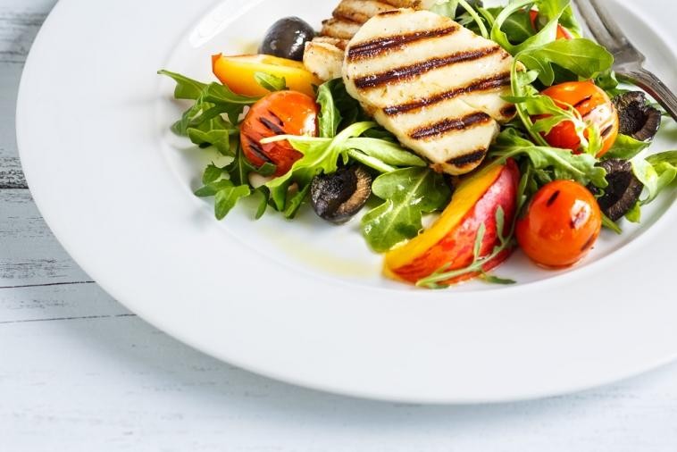 Grilled Halloumi, heirloom cherry tomato, and peach salad