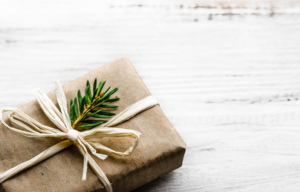 A gift wrapped in compostable wrapping