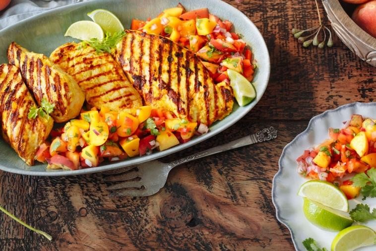 BBQ tandoori chicken with peach pico de gallo